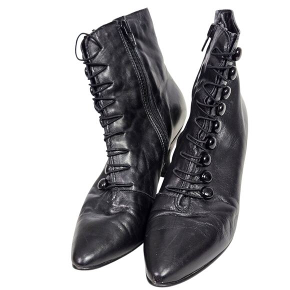 Vintage Poppies Leather Granny Boots Black Ankle Booties Pointy Kitten Heel 7.5 - Picture 2 of 16